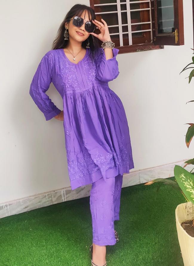 Soft Rayon Purple Casual Wear Embroidery Work Readymade Kurti With Bottom